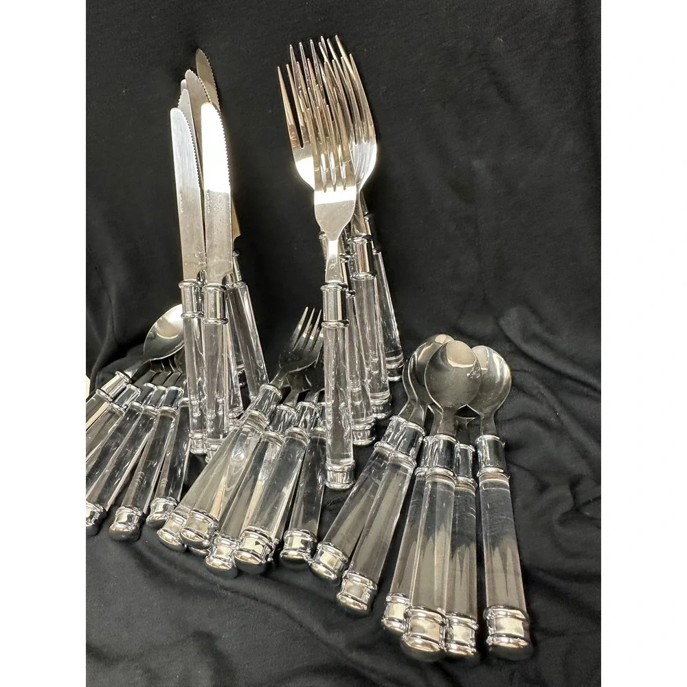 Vintage Look 32 Pce Set Flatware Clear Acrylic Handles Stainless Steel Plus Tray
